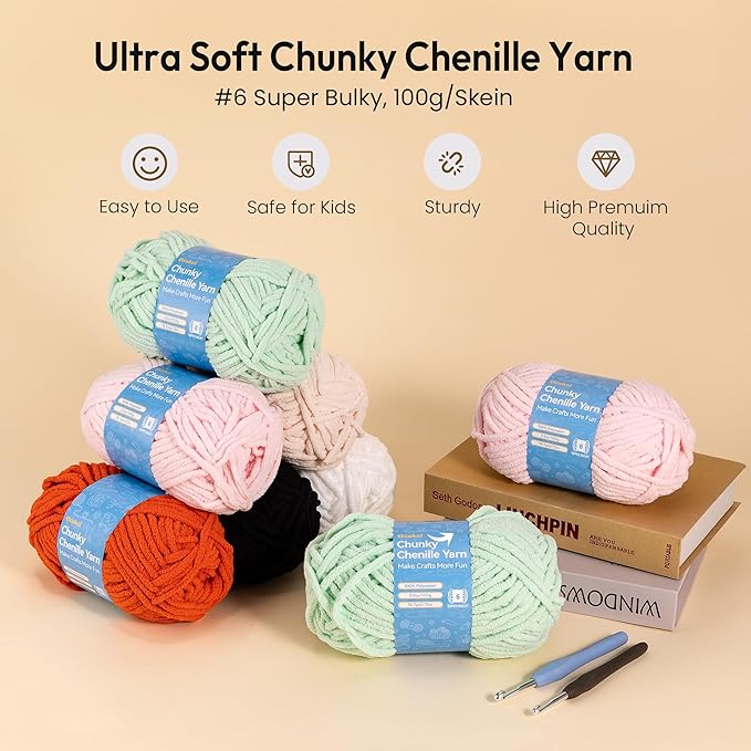 Chenille Yarn #6, Super Bulky Blanket Yarn for Crocheting & Knitting, Extra Soft Chunky Thick Yarn, Easy to Crochet, Perfect for Amigurumi, Baby Blankets, DIY Home Decor, 3Skeins(300g/10.5oz), Mint