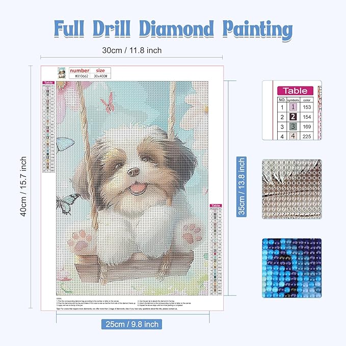 NAIMOER Puppy Diamond Painting Kits for Adults, DIY 5D Diamond Painting Dog Play on the Swing, Full Drill Diamond Art Kits Holiday Art Pictures Perfect for Home Wall Decor 30x40cm