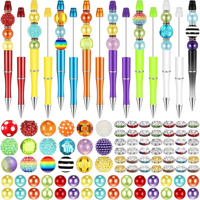 Geyee 15 Pcs Plastic Beadable Pens Assorted Bead Pens Multicolor Bubblegum Crystal Spacer Beads, Black Ink Ballpoint DIY Set, Back to School Gift for Student Summer Ocean Party Gifts(Rainbow Color)
