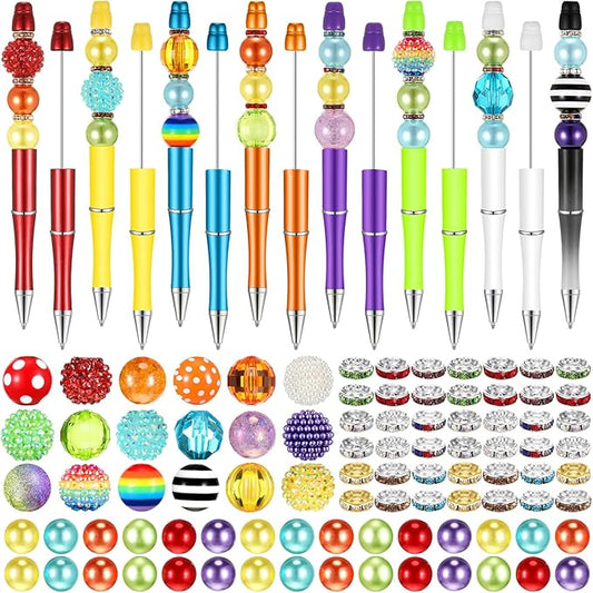 Geyee 15 Pcs Plastic Beadable Pens Assorted Bead Pens Multicolor Bubblegum Crystal Spacer Beads, Black Ink Ballpoint DIY Set, Back to School Gift for Student Summer Ocean Party Gifts(Rainbow Color)