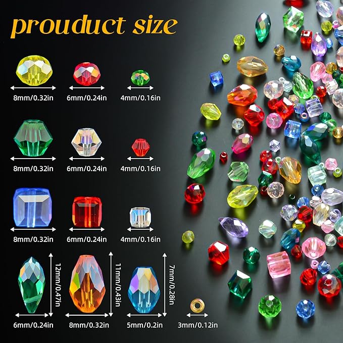 1500 Pcs Crystal Glass Beads for Jewelry Making – 12 Styles Bicone, Rondelle, Cube, Teardrop & 3mm Spacer Beads, DIY Bracelet Necklace Earring Craft Kit Random Colors(Multicolored)