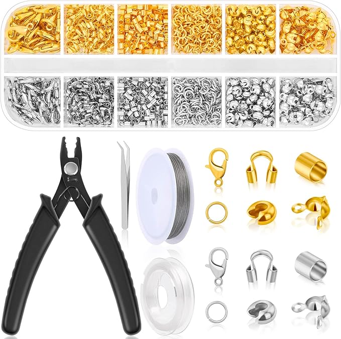 1200Pcs Crimp Beads Supplies for Jewelry Making, Including Crimp covers, Crimp Tubes, Bracelet Clasps and Closures, Crimp Ends, Jump Rings, Crimping Pliers and Beading Wire for Bracelets Making