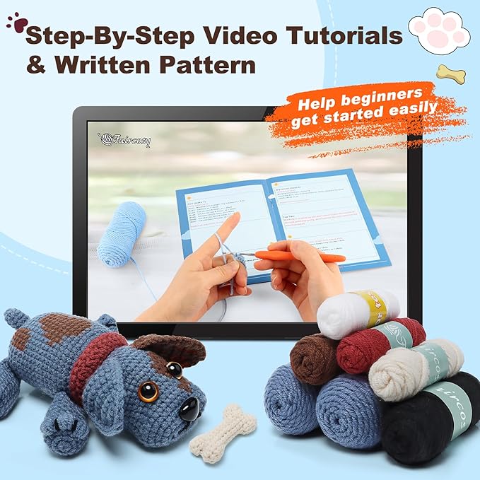 Faircosy Animal Crochet Kit for Beginners Adults: Learn to Crochet Starter Kits with Detailed Video Tutorials - DIY Crochet Cute Dog Kit for Women Men