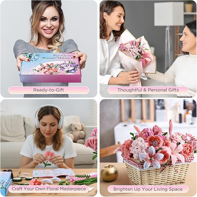 540Pcs Pipe Cleaners Craft, 6 Colors Pipe Cleaners Bulk with 15 Designs Guiding Book, Flower Making Kit with Chenille Stems, Floral Wires & Tape, DIY Bouquets and Party Decorations, (Pink, 12in x 7mm)