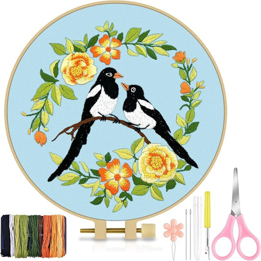 TINDTOP Embroidery Kit for Beginners Adult, Bird Embroidery Kit for Beginners Include Embroidery Cloth Hoops Threads for Craft Lover Hand Stitch with Embroidery Skill Techniques