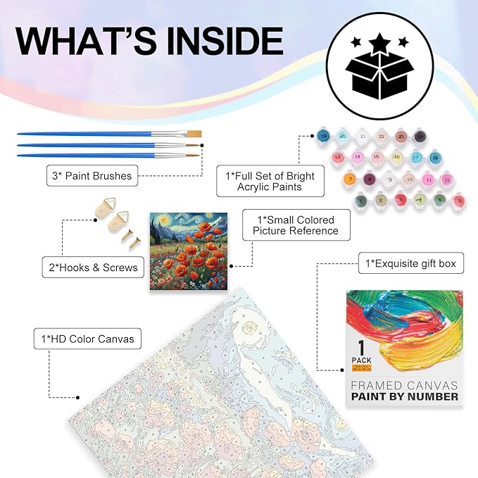 Yezavesu Framed Paint by Numbers Kit for Adults Beginner & Kids Ages 8-12, Starry Night Paint by Numbers Without Easel, DIY Number Painting for Adults Flowers for Home Wall Decor Gift 10x10 inch