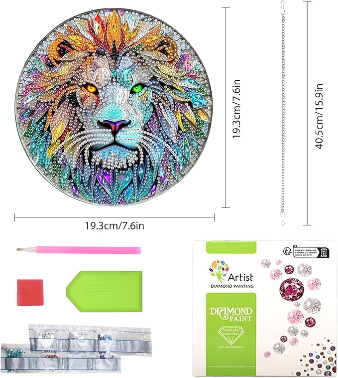 Lxmsja DIY Stained Glass Lion Diamond Painting Hanging Ornament, Double-Sided Acrylic Lion Diamond Art Kit, Special Shaped Suncatcher Hanging Pendant Window Art Kit 8x8 inch