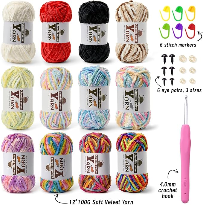 12 Pack Multicolor Crochet Yarns, Fluffy Chunky Chenille Yarn for Crocheting, Fuzzy Velvet Yarns for Crochet Kit, Baby Yarn for Crocheting Soft Amigurumi Yarns Set F (100g/87yds Each)