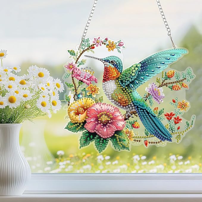 Hanging Diamond Art Kit for Adult, Hummingbird, 5D Special Shaped Rhinestone Diamond Painting Ornament, Hummingbird Flowers, DIY Acrylic Diamond Art Painting Window Pendants Home Garden Wall Decor