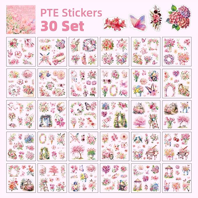 Rose Garden Series Sticker Scrapbooking Supplies for Junk Journal, 30 Sheets PET Stickers - Vintage Journaling Stickers, Ephemera Sticker Book Pre Cut(TZ-005-001)