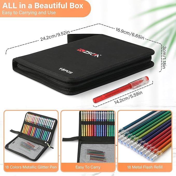 ZSCM 36 Pack Metallic Glitter Gel Pens Set, 18 Colors Sparkle Gel Pens with 18 Glitter Pen Refills in Canvas Bag for Adult Coloring Book Drawing Crafts Scrapbooks Journaling