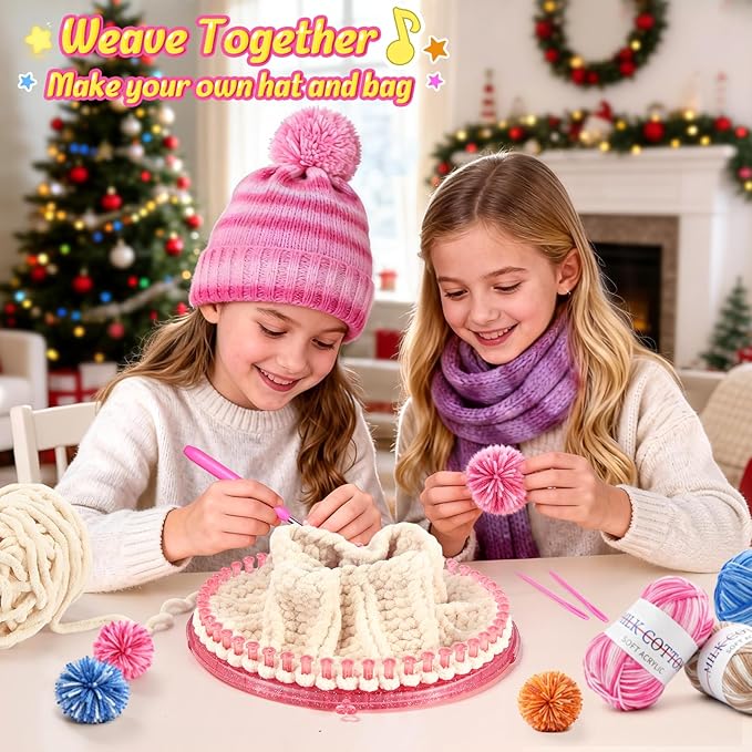 Spardar Hat Knitting Kit, Weaving Loom Kit with Portable Storage Bag, Includes Knitting Tools, 8*Pom-Pom Makers, 7 Color Yarns, Knit Hats, Scarves, Ideal Christmas or Birthday Gift, Light Pink
