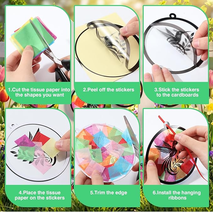 30 Pcs Spring Summer Hummingbird Suncatcher Craft Kits, Colorful DIY Stained Glass Effect Tissue Paper Art Set Bulk for Creative Group Activities Party Seasonal Decor