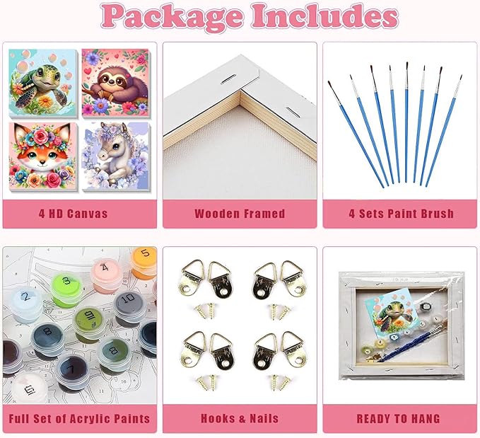 4 Pack Animal Paint by Number for Kids with Wooden Frame, Paint by Numbers for Kids Animals Ages 4-8-12, Easy Sloth Fox Sea Turtle Horse DIY Acrylic Oil Painting Kits for Home Wall Decor (8X8 inch)