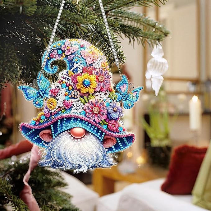 Auremi Gnome Diamond Art Pendant Kits,5D Flower Diamond Art Diamond Painting Hanging Kits,DIY Special Shaped Diamonds Painting Suncatcher Pendant Kit for Adults for Gift Wall Home Decor