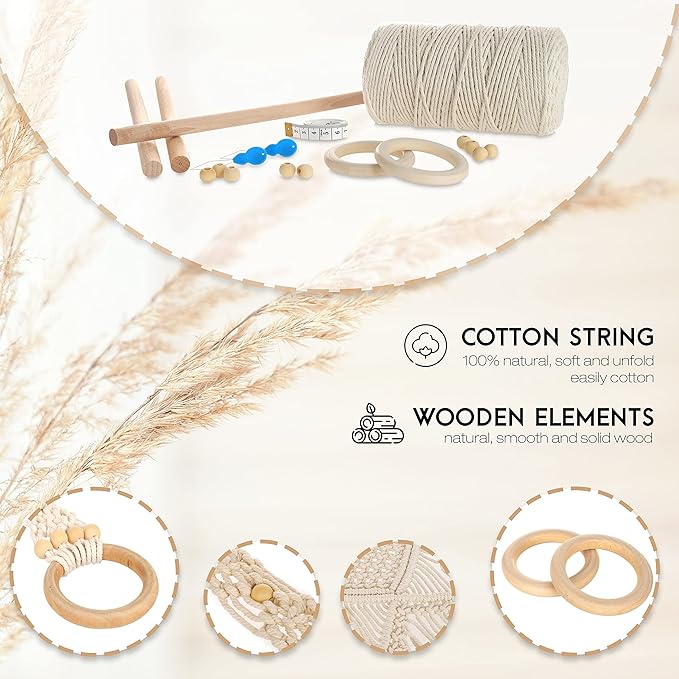 migo creates diy macrame kit for beginners with 9 macrame projects ebook, 115 pcs macrame supplies & 220yd cotton yarn | create unique bohemian decor craft projects! perfect diy crafts for adults!