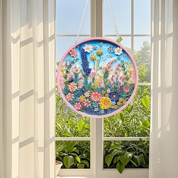 TOSTOG Spring Meadow Flower Diamond Art Pendant Kits for Adult, Diamond Painting Hanging Kit for Beginners, 5D DIY Crafts Gem Art, Waterproof Full Accessories for Home Decor Idea 20 * 20 cm/8 * 8 in