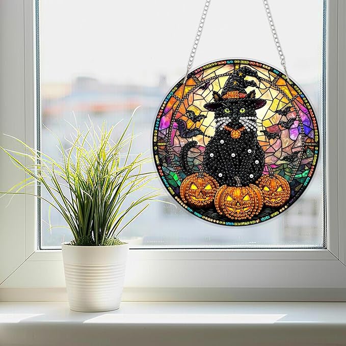 SENQAO Halloween Diamond Art Hanging Kits for Adults Beginners, DIY Acrylic 5D Special Shaped Crystal Diamond Gem Art Painting Hanging Ornament for Home Wall Decor and Gift（Black Cat Pumpkin Bat）