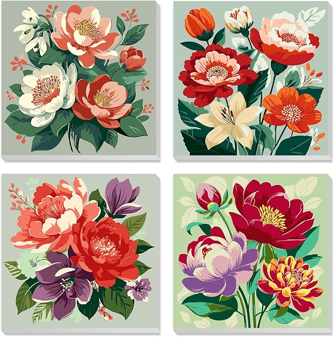 MXJSUA 4 Pack Peony Flowers Framed Paint by Numbers Kit with Canvas for Adults Beginner, DIY Acrylic Oil Painting Kits with Brushes for Home Wall Decor Gift (8x8 inch)