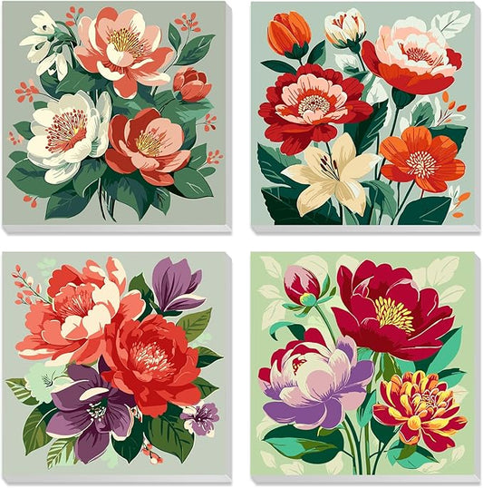 MXJSUA 4 Pack Peony Flowers Framed Paint by Numbers Kit with Canvas for Adults Beginner, DIY Acrylic Oil Painting Kits with Brushes for Home Wall Decor Gift (8x8 inch)