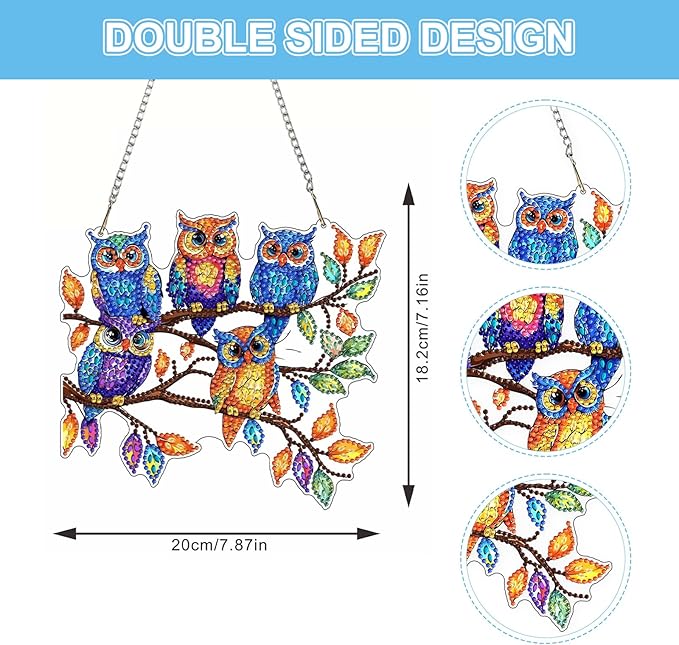 Lxmsja DIY Colorful Owls Diamond Painting Hanging Ornament, Double-Sided Acrylic Tree Branch Diamond Art Kit, Special Shaped Suncatcher Hanging Pendant Window Art Kit 7x8 inch