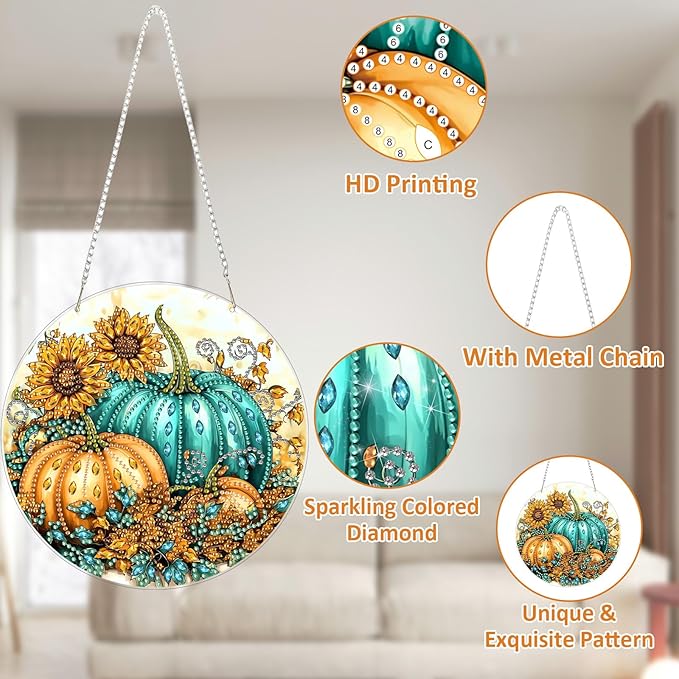 SENQAO Pumpkin Fall Diamond Art Hanging Kits for Adults Kids, Acrylic Diamonds Painting Pendant Board Kits Flower, Diamond Art Painting Window Pendants Home Garden Wall Hanging Kits Hanging Ornament