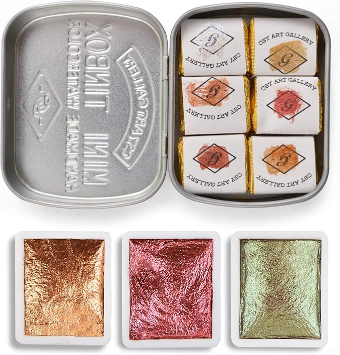 Csy Art Supplies Handmade Watercolors Paint Set - 6 Metallic Gold Colors Half Pans Glitter Solid Water Color- Metal Case Sparkle Pearlescent Watercolour For Artists, Students & Hobbyists
