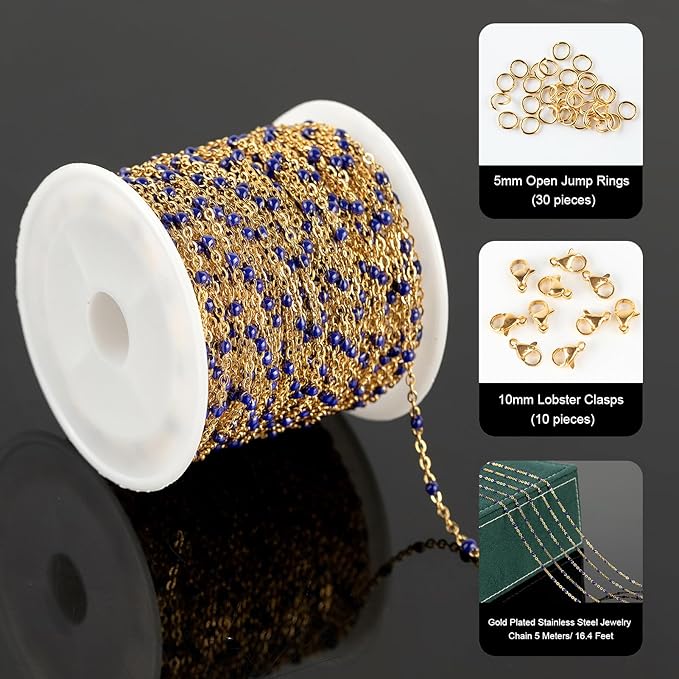 UMAOKANG Gold Plated Stainless Steel Jewelry Chains Bulk Cable Link Chain on Spool Royal Blue Enamel Bead Rosary Chain for Necklace Bracelet DIY Making Jewelry Supplies