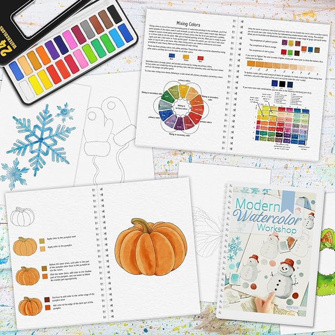Watercolor Workbook, 4Pcs Beginner Friendly Watercolor Workbook with 48 Patterns, Step by Step Watercolor Workbooks with with 24 Paint Colors & Brush, Water Color Paint Set Valentine's Day Gift