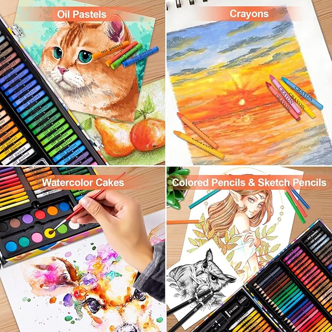 Art Supplies, 180 Pack Drawing Painting Set for Kids Girls Boys Teens, Coloring Art Kit Gift Case with Clipboard, Coloring Papers, Oil Pastels, Crayons, Colored Pencils, Watercolor Cakes, Markers