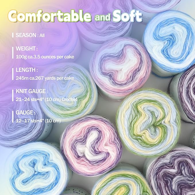 Katech Gradient Cake Yarn for Crocheting-Multicolor Soft Rainbow Cotton Crochet Yarn for Scarves, Shawls, Blankets, and Garments(C)