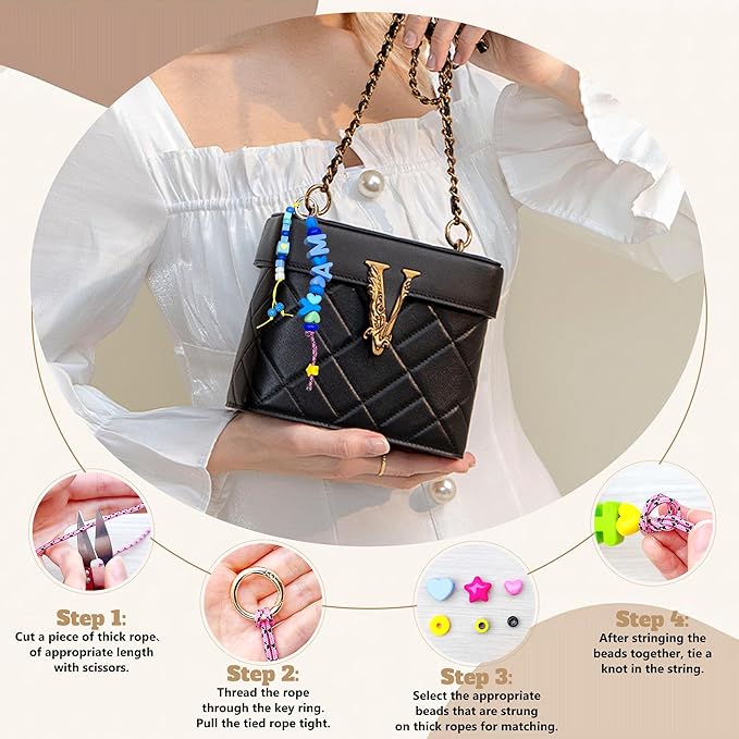 328 PCS Bead Bag Charm Kit for Girls, 40pcs Big Chunky A-Z Keychain Making Kit with Colorful Heart Star Flower Letter Bag Beads DIY Key Chain Charm Supplies for Women and Boys