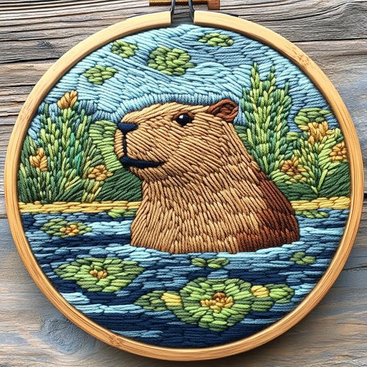 DIY Punch Needle Kits Capybara in Water Easy for Beginners Punch Needle Embroidery Set with Hoop Stamped Pattern for Craft Lovers and Home Decor-2