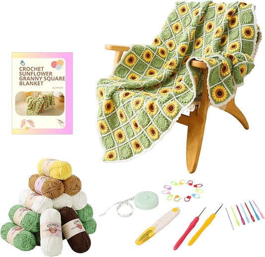 CSWCS Crochet Blanket Kit for Beginners, Sunflower Granny Square Crochet Blanket Kit for Adults, Easy Learn How to Knitting with Yarn Accessories Book & Video Tutorials for Starter (39" x 31")
