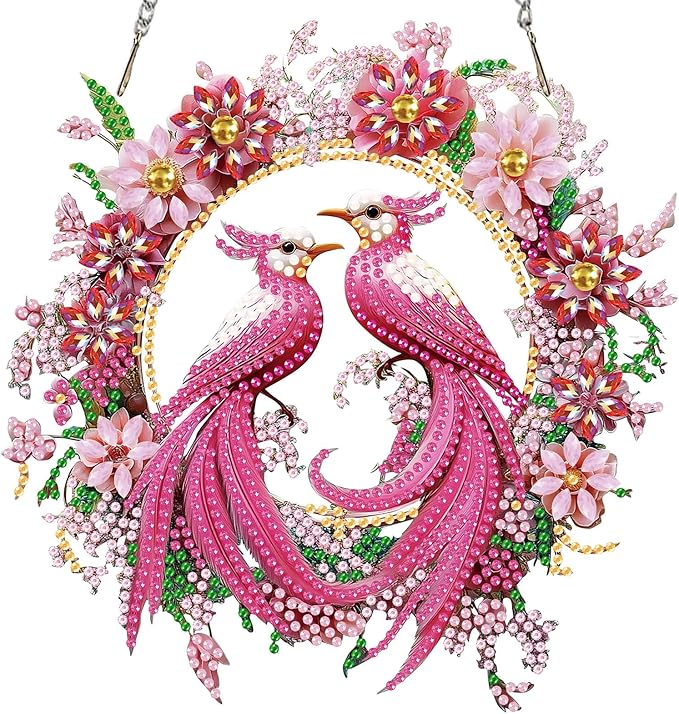 Miwixy Birds Hanging Diamond Art Kits for Adults,Pink Flowers Special Shaped Crystal Christmas Diamond Painting Ornament Kit DIY Double-Sided Pattern Window Pendant Gem Art Kit for Home Wall Decor