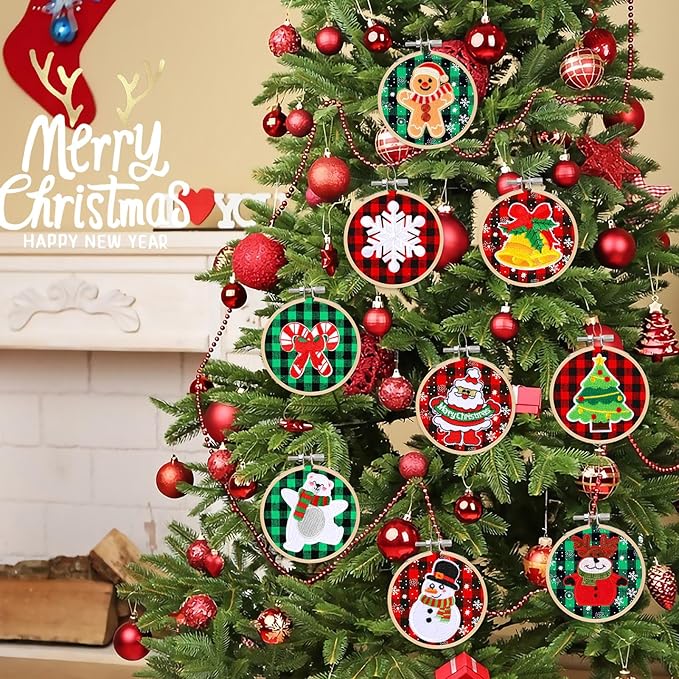 FEBSNOW 12 Pieces Christmas Embroidery Ornament Kit, Including 3 Inch Embroidery Hoops, Self Adhesive Christmas Patches and 5 Inch Squares Plaid Fabric for DIY Holiday Xmas Party Decoration