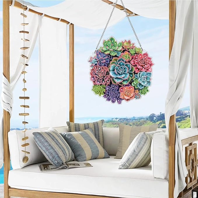 VAIIEYO Succulent Diamond Art Hanging Ornament, Plant Diamond Painting Suncatchers Window Hanging Kit with Chain, 7.5x7.5 inch Crystal Pendant Art Craft for Gift Home Wall Front Door Decoration