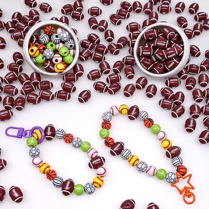 100+ pcs Football Beads Sport Bulk Kandi Beads for Jewelry Making, Bracelet Keychain Becklace Charm Rugby Bead Kit(Football)