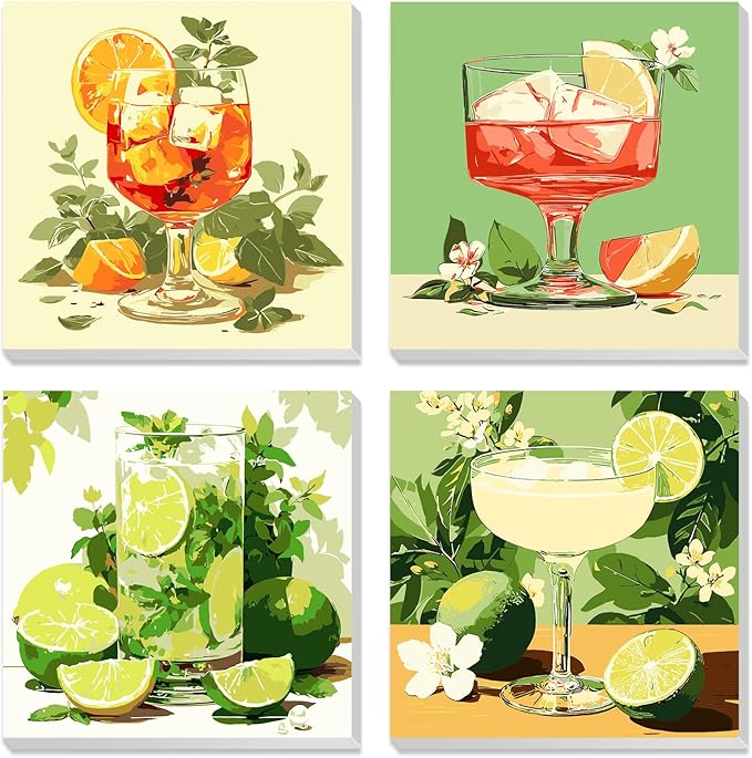 MXJSUA 4 Pack Cocktail Framed Paint by Numbers Kit with Canvas for Adults Beginner, DIY Acrylic Oil Painting Kits with Brushes for Home Wall Decor Gift (8x8 inch)