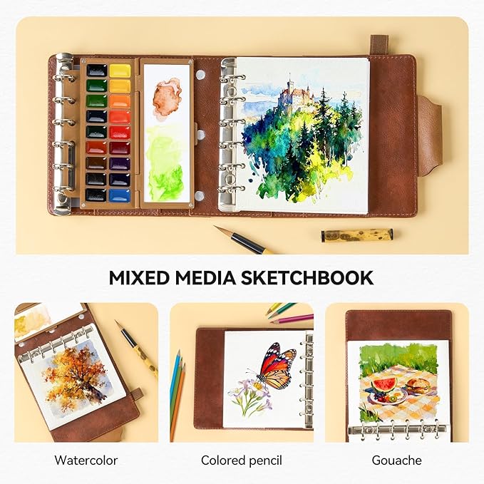 Portable Watercolor Sketchbook Set - 100% Cotton Cold Press 5.1x4.3 Inch 20Sheets Binder Art Journal with 18-Well Ceramic Paint Palette & Travel Watercolor Brushes for Artists Outdoor Painting
