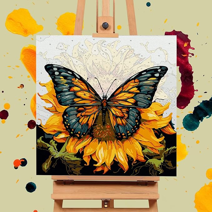 Framed Paint by Numbers Kit for Adults Beginners & Kids Ages 8-12, Butterfly Sunflower Acrylic Easy Paint by Number with Frame, Number Painting Kits on Canvas Framed (12 * 12 Inch, without Easel)
