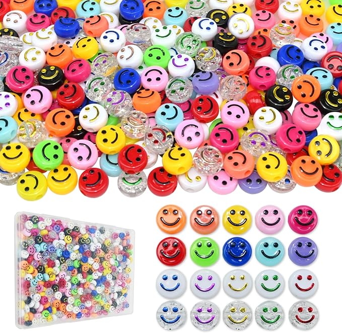 500pcs Colorful Smiley Face Beads，Happy Face Spacer Beads for DIY Jewelry Bracelet Earring Necklace Craft Making Supplies