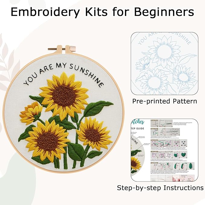 Nuberlic Sunflower Embroidery Kit for Beginners -Adults Starter Cross Stitch Kit DIY Needlepoint with Hoop, Pre-Printed Fabric, Threads & Step-by-Step Guide