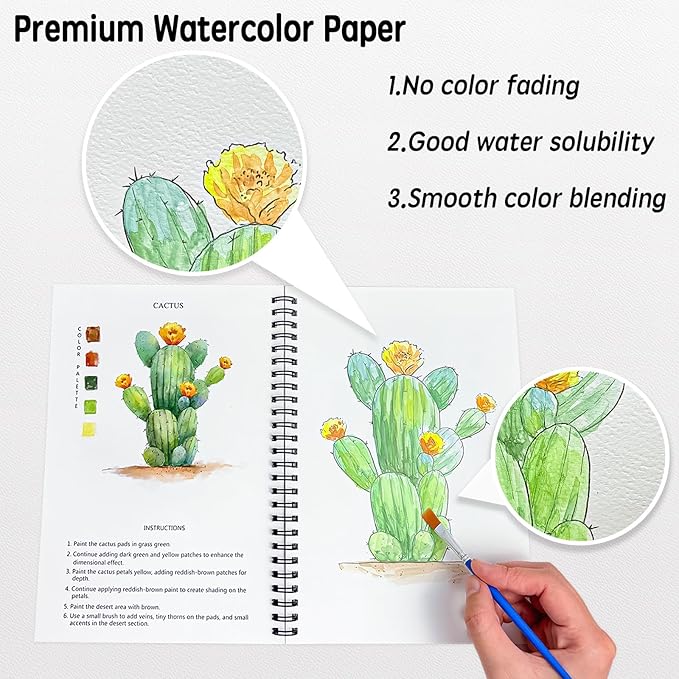 SLWBZ Watercolor Workbook Flower Plants, 15 Different Patterns of Original DIY Designs, 16 Color Watercolor Paint Plates with Palette and Brush, Beginner-Friendly Watercolor Workbooks, Plants