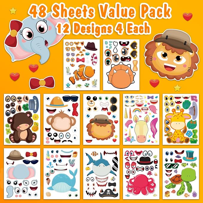 aowplc 48 sheets make-a-face animal stickers mix and match for kids party favors supplies activities crafts