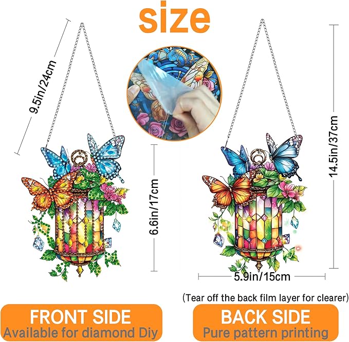 Ginfonr Diamond Painting Kits Hanging Pendant, Butterfly Sun Catcher for Front Door Sign, Special Shaped Rhinestone Lamp Diamond Art, Double Sided Home Hanging Kits for Garden Wall Window (8x8inch)