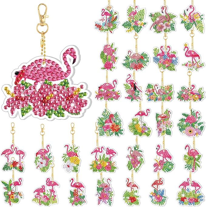 Huquary 30 Pcs Summer Diamond Painting Keychains Animals Flamingo Diamond Art Kit 5d Double Sided Diamonds Hanging Keychains for Adult Beginner DIY Crafts Party Gift