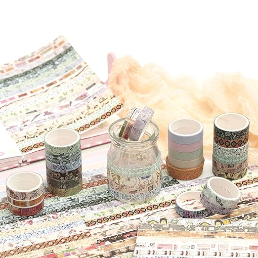 YUBBAEX Vintage Washi Tape Pack 50 Rolls Retro Printed Masking Tape Antique Patterns Decorative for Arts, DIY Crafts, Journal Supplies, Planners, Scrapbook, Card/Gift Wrapping