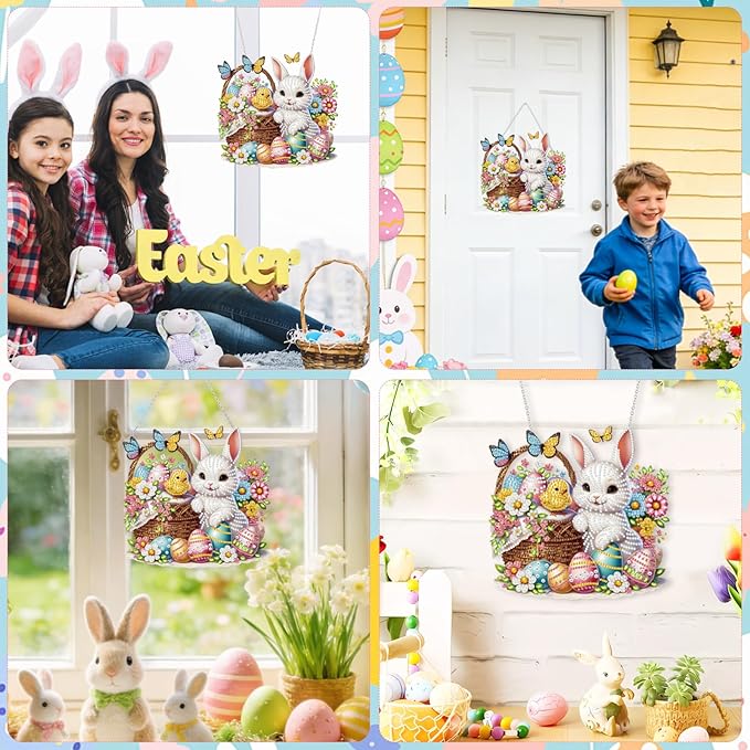 Ksheria Easter Diamond Art Hanging Kits for Adults, DIY Special Shape Crystal Diamond Painting Decor, Acrylic 5D Bunny Window Pendent, Gem Art Hanging Kits for Beginners Gift Wall Door, 9x7.5 Inch