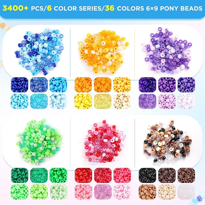 Pony Beads Bulk, 3400pcs+ Kandi Beads for Bracelets, Funtopia 36 Colors Plastic Bead for Craft, Rainbow Hair Bead for Braids, for DIY Craft Projects and Jewelry Making (6x9mm)